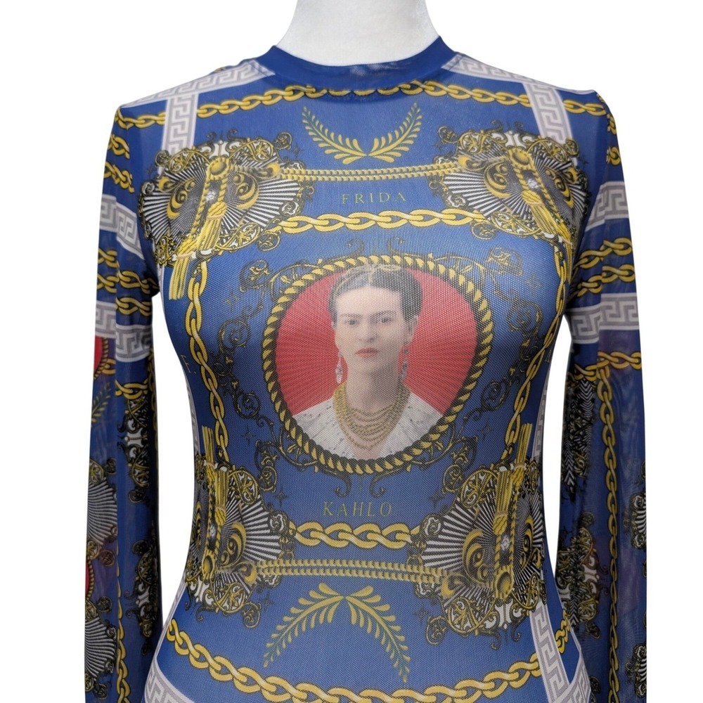 Frida Kahlo Blue Mesh Long Sleeve‎ Graphic Top Baroque Chain Grunge Indie S
